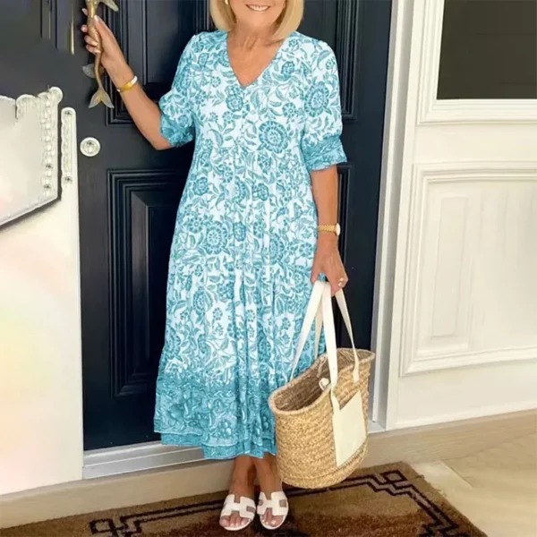 Elegant Women's Dresses 2024 Summer Casual Fashion Print V-Neck Loose Dress Retro Comfortable Maxi Dress Female Robe Vestidos - Image 4