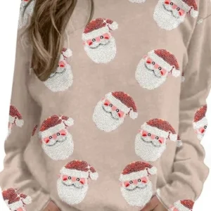 Female T-Shirts Pullover Tops Santa Claus Printed Round Neck Long Sleeved Sweater 2023 Autumn Winter Spring New Fashion Casual