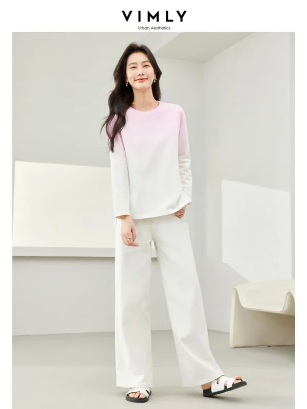 Vimly Cotton 100% Gradient Round Neck T-shirt Woman 2024 Spring Side Split Women's Long Sleeve Top Casual Loose Pullovers M6093 - Image 6