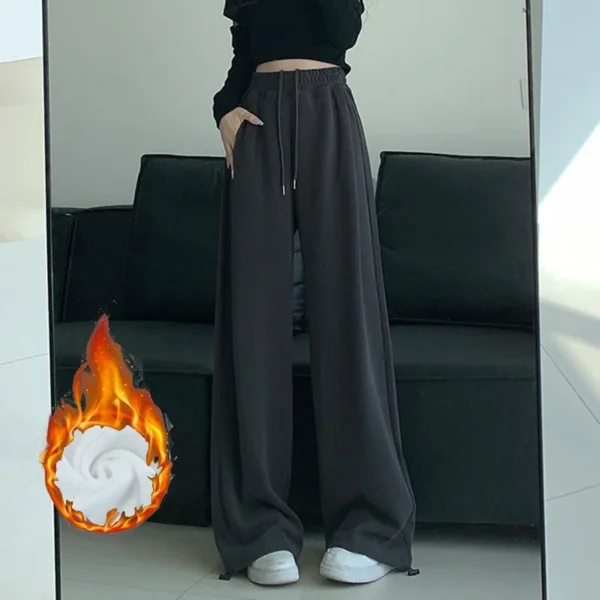 Women Chic Version Straight Leg Wide Leg Pants Lady Loose Elastic High Waisted Trousers Female Fashion Plush Thermal Sweatpants - Image 5