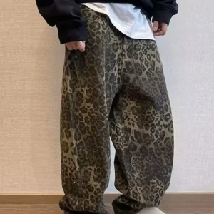 Y2k High Street Cheetah Print Jeans For Male Oversized Wide Leg High Waisted Cargo Pants Men's Casual Leopard Print Trousers
