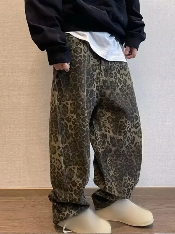 Y2k High Street Cheetah Print Jeans For Male Oversized Wide Leg High Waisted Cargo Pants Men's Casual Leopard Print Trousers
