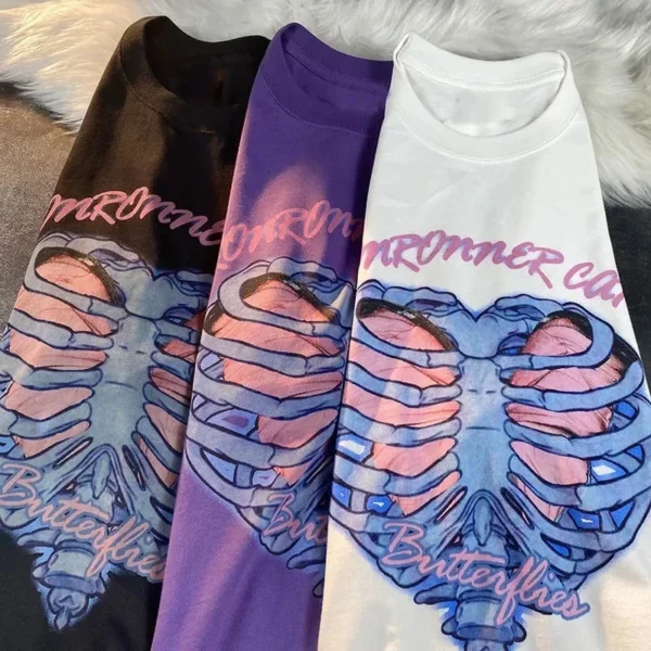 Harajuku Oversized Women's T-shirt Heart-shaped Skull Print T Shirt Short Sleeve Clothes O-neck Loose Streetwear Tops Y2K - Image 4