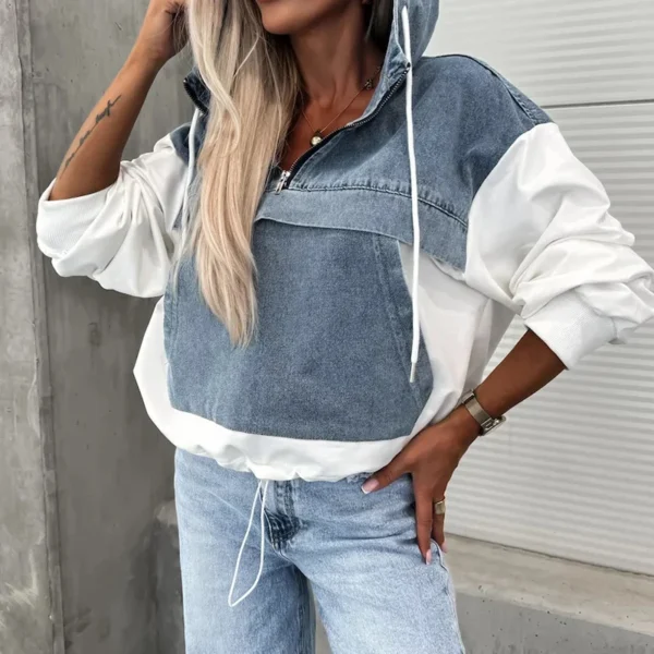 Elegant Women Denim Female Hoodie Sweatshirt 2024 Fashion Stitching Drawstring Hooded Ins High Street Jeans Long Sleeve Hoodie - Image 4