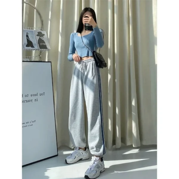 High Waist Striped Patchwork Sports Pants All-match Youth Casual Straight Pants Spring Autumn Fashion Vintage Women Clothing - Image 2
