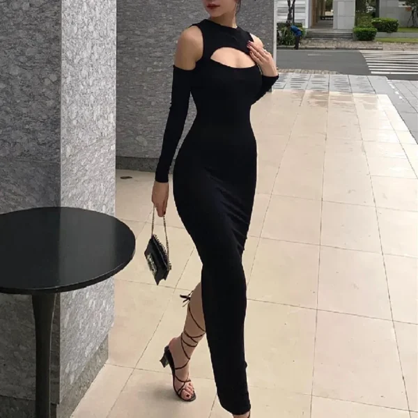 Xeemilo Elegant Hollowed Off Shoulder Maxi Dress Black Sexy Long Sleeve Split Dresses 2022 Women Slim Fitting Evening Party Robe - Image 2