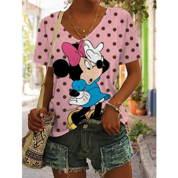 Disney Minnie Mouse T-Shirt Women Summer Fashion V-Neck Tops Tees Female Casual Short Sleeve Clothing Cartoon Outfit Streetwear - Image 3