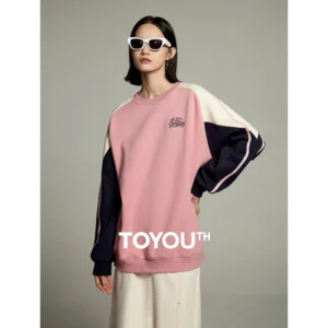 Toyouth Women Sweatshirt 2023 Autumn Long Sleeve O Neck Loose Hoodie Contrast Stitching Casual Sport Outdoor Pullover Tops
