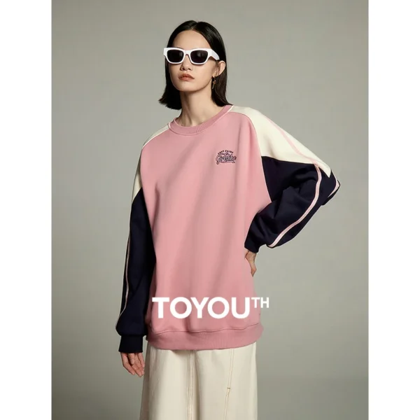 Toyouth Women Sweatshirt 2023 Autumn Long Sleeve O Neck Loose Hoodie Contrast Stitching Casual Sport Outdoor Pullover Tops