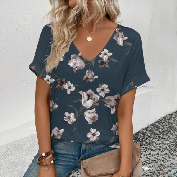 Summer Vintage Flower 3D Print T-shirt Women Streetwear Casual T Shirts Y2k Tops Woman Harajuku V-Neck Tees Oversized Clothing - Image 3