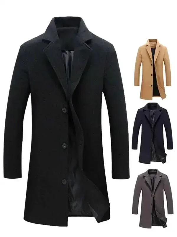 Single Breasted Lapel Long Coat Jacket Fashion Autumn Winter Casual Overcoat Plus Size Trench Men's Woolen Coats Solid Color - Image 2