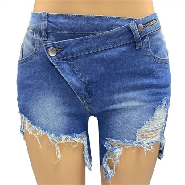Fashion Slanted Waist Button Splicing Denim Shorts Women Summer Broken Holes Tassel Three Quarter Pants Female Casual Mini Jeans - Image 3