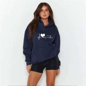 Women's Black White Classic Hoodies Heart Print Hoody Sweatshirt Spring Autumn Long Sleeve Hip Hop Warm Hoody Pullover Top