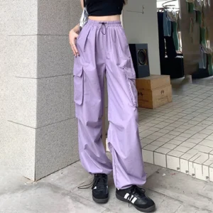 Womens Baggy Cargo Pants Streetwear Hip Hop Joggers Sweatpants Drawstring Casual Loose Womens Cotton Pants Casual With Pockets