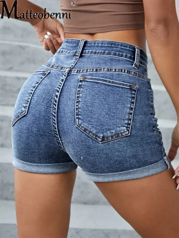 Fashion Trend Broken Holes Three Quarter Pants Summer Women's Casual Streetwear Slim Fit Button Splicing Denim Shorts Female New - Image 3