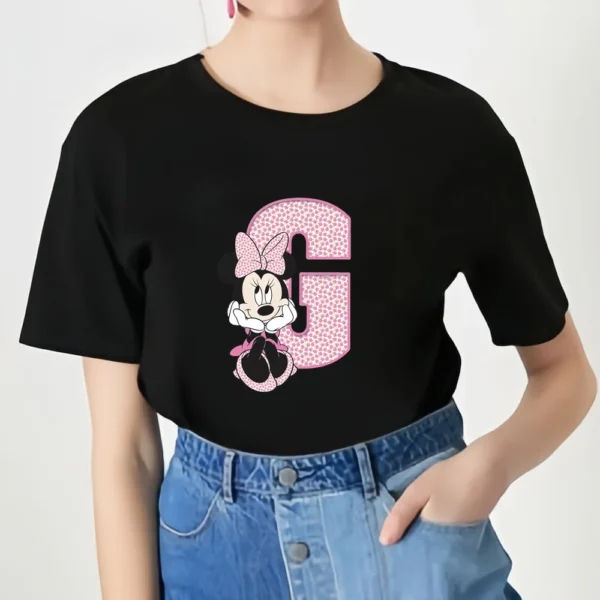 Hot Sale Woman Black T-shirt Cartoon Minnie Mickey Letter Print Kids Summer Girls Cotton Casual T-shirt round Neck short sleeve - Image 3