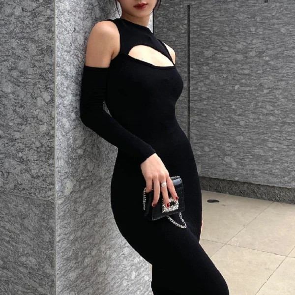 Xeemilo Elegant Hollowed Off Shoulder Maxi Dress Black Sexy Long Sleeve Split Dresses 2022 Women Slim Fitting Evening Party Robe - Image 5