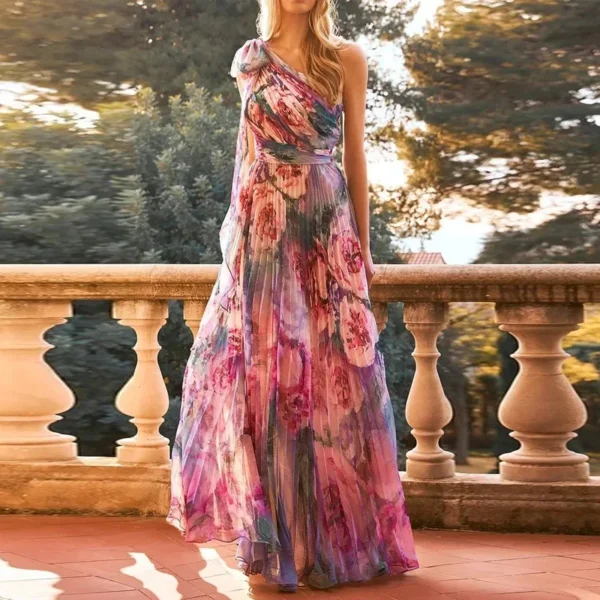 2023 Spring Tie-up Bow One Shoulder Long Dress Women Fashion Flower Prin Pleated Maxi Dress Summer Backless Hollow Party Dresses - Image 2