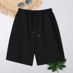 Men Casual Shorts Mid-Rise Elastic Drawstring Shorts Pockets Wide Leg Knee Length Solid Loose Fitness Running Shorts Sportwear