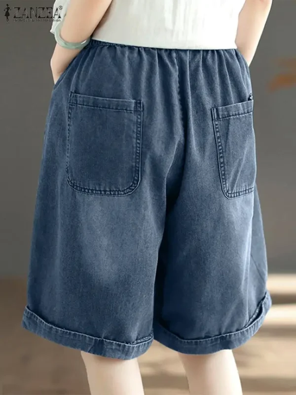 ZANZEA Casual Loose Elastic Waist Shorts Women 2024 Fashion Denim Solid Wide Leg Short Pants Summer Leisure Daily Jeans Trousers - Image 4