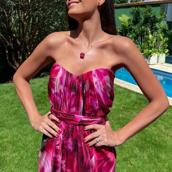 2023 Spring Tie-up Bow One Shoulder Long Dress Women Fashion Flower Prin Pleated Maxi Dress Summer Backless Hollow Party Dresses - Image 6
