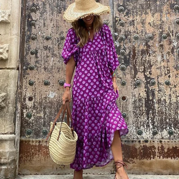 Women Puff Sleeve Boho Maxi Dress Vintage Elegant Fashion Casual Print Floral V-Neck Loose Ladies Holiday Beach Party Vestidos - Image 3