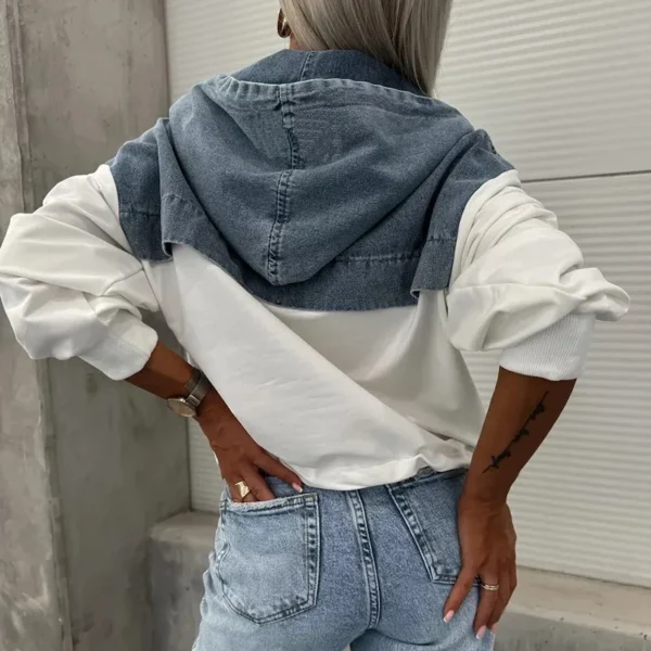 Elegant Women Denim Female Hoodie Sweatshirt 2024 Fashion Stitching Drawstring Hooded Ins High Street Jeans Long Sleeve Hoodie - Image 5