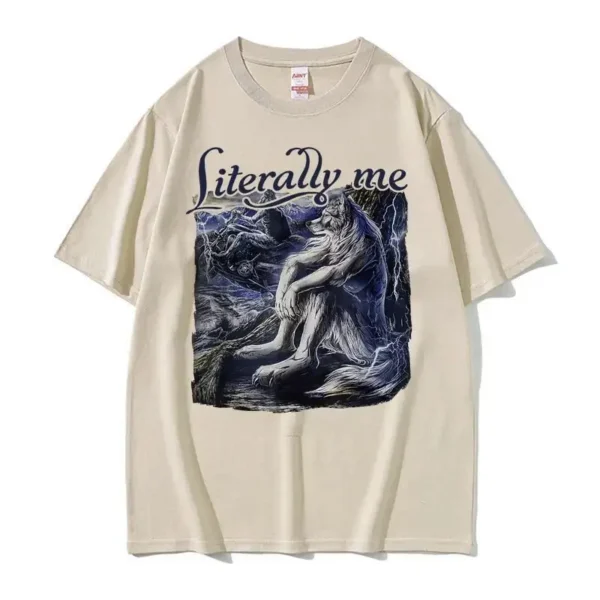 Sitting Wolf Literally Me Funny Meme T Shirt Men Clothing Fashion Retro T Shirts Unisex Casual Cotton Oversized T-shirt Y2k - Image 3