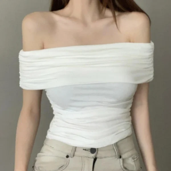 Hot Girls Sexy Off Shoulder Short Sleeve Slim T-shirt Women's Solid Color Pleated Crop Top - Image 4