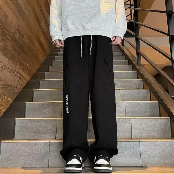 Men's Clothing Solid Color Elastic High Waisted Pockets Button Letter Printing Spring Autumn Trousers Cargo Wide Leg Pants - Image 4