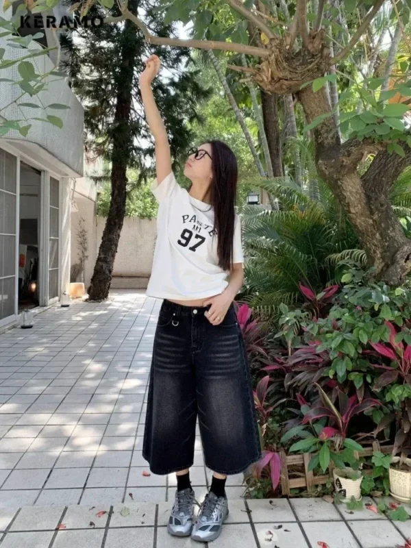 Harajuku Vintage High Waist Black Retro Washed Denim Shorts Women's Fashion Casual Loose Fit Y2K Streetwear Mid Long Short - Image 5