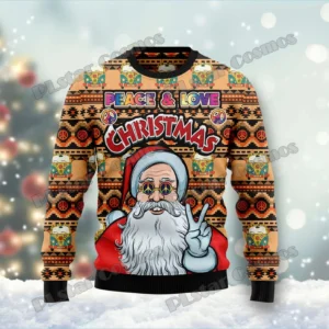 Hippie Santa Claus Peace And Love 3D Printed Men's Ugly Christmas Sweater Winter Warm Unisex Casual Knit Pullover Sweater MY02