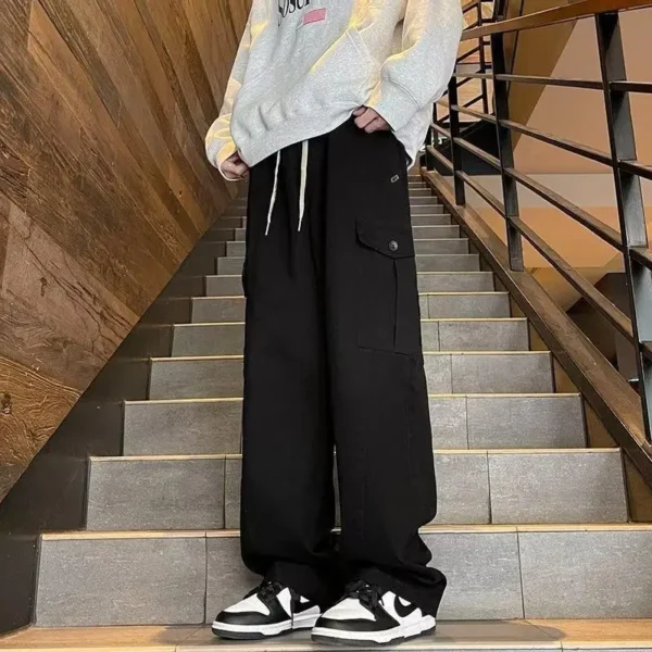 Men's Clothing Solid Color Elastic High Waisted Pockets Button Letter Printing Spring Autumn Trousers Cargo Wide Leg Pants - Image 3