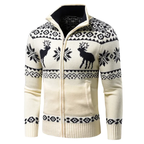 Men Autumn New Casual Jacquard Christmas Pattern Zip Sweater Cardigan Jacket Men Winter Long Sleeve Mock Neck Sweater Pullover - Image 2
