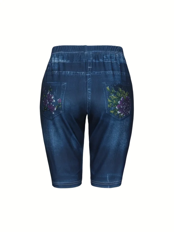 Floral Print Deep Blue Imitation Denim Slim Fitting Shorts For Women's Casual Leggings With High Elasticity And Comfort - Image 2