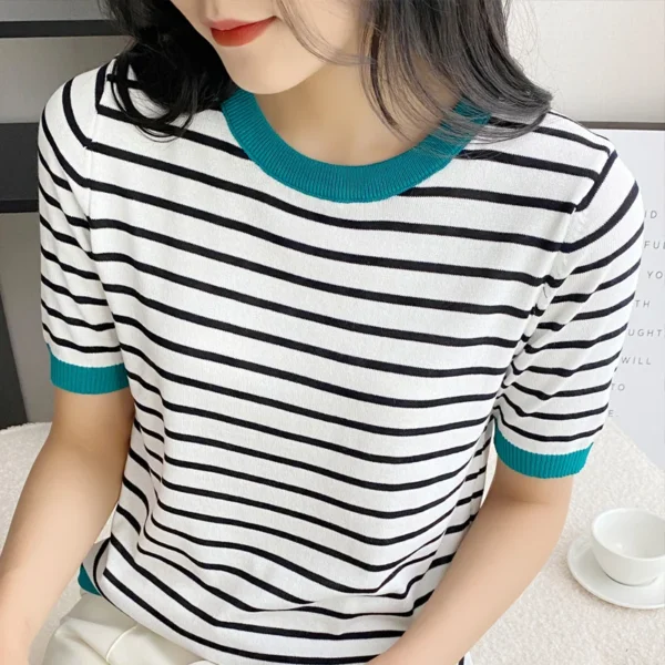 Short Sleeve T-shirts Women Striped Basic Chic Simple All-match Harajuku Retro Cotton O-neck Trendy Loose Leisure Cozy Womens - Image 5