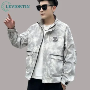 Autumn Men Workwear Jacket Hip Hop Old Tie Dye Embroidered Letters Stand Up Collar Jacket Casual Loose Fit Coats Streetwear