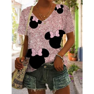 Disney Minnie Mouse T-Shirt Women Summer Fashion V-Neck Tops Tees Female Casual Short Sleeve Clothing Cartoon Outfit Streetwear