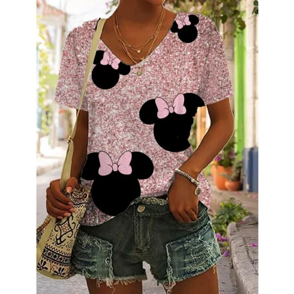 Disney Minnie Mouse T-Shirt Women Summer Fashion V-Neck Tops Tees Female Casual Short Sleeve Clothing Cartoon Outfit Streetwear