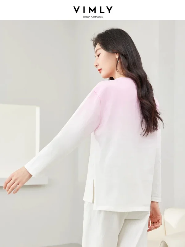 Vimly Cotton 100% Gradient Round Neck T-shirt Woman 2024 Spring Side Split Women's Long Sleeve Top Casual Loose Pullovers M6093 - Image 2