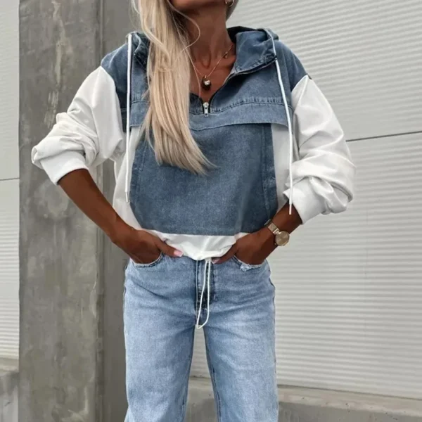 Elegant Women Denim Female Hoodie Sweatshirt 2024 Fashion Stitching Drawstring Hooded Ins High Street Jeans Long Sleeve Hoodie - Image 6