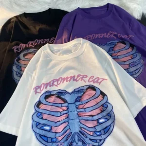 Harajuku Oversized Women's T-shirt Heart-shaped Skull Print T Shirt Short Sleeve Clothes O-neck Loose Streetwear Tops Y2K
