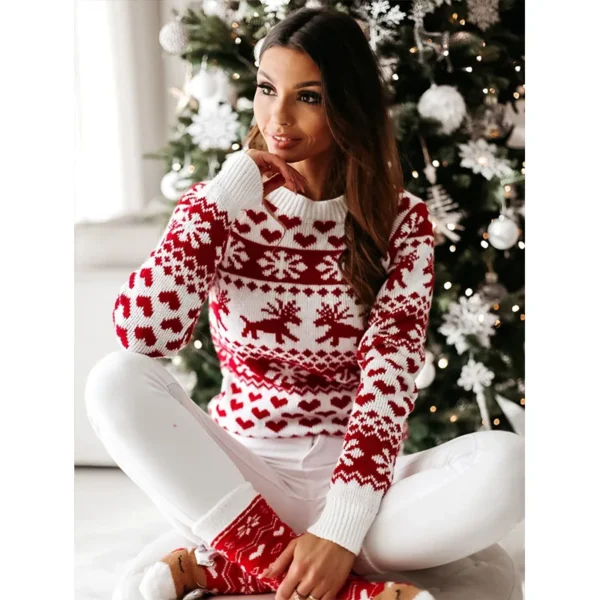 New Autumn Winter Knitted Sweater Women's Round Neck Pullover Christmas Elk Snowflake Long Sleeve Knitted Sweater - Image 4